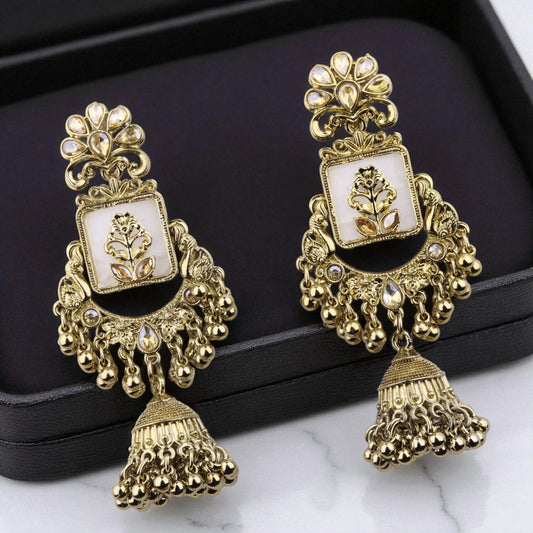OUTROYAL Luxury Collection – Big Golden-Color Floral Jhumka Earrings with Square Frame & Beaded Drops