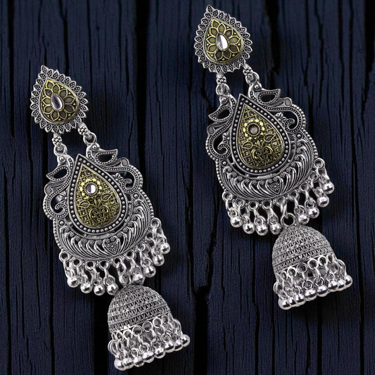 OUTROYAL Luxury Collection – Big Oxidized Silver Look Earrings with Dual-Tone Leaf Motif & Jhumka Drop