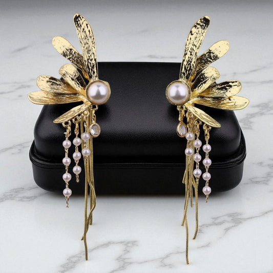 OUTROYAL Luxury Collection – Korean Butterfly Style Golden Leaf Statement Earrings with Pearls & Chain Danglers